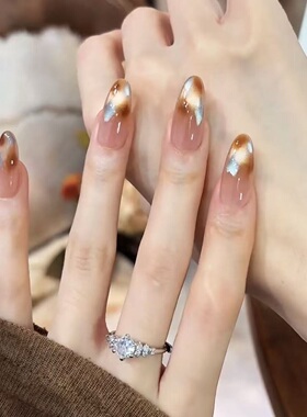 秋冬玳瑁琥珀冰蓝晕染猫眼纯欲风纯手工穿戴甲气质高级感显白短款