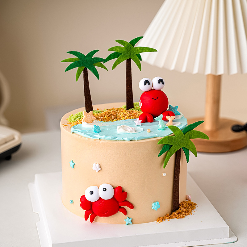 网红ins风巨蟹座蛋糕装饰摆件创意小螃蟹夏日海边椰子树烘焙插件