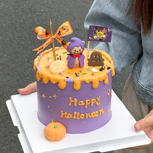 2025万圣节快乐蛋糕装饰插旗搞怪巫师帽小熊摆件狂欢夜派对装扮