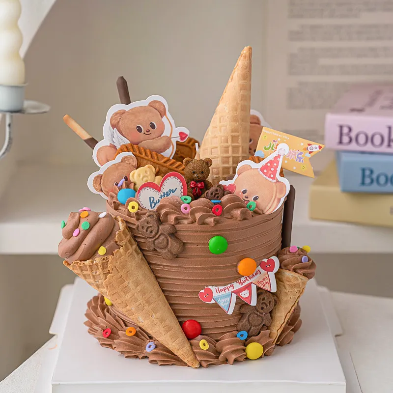 六一儿童节黄油小熊饼干甜筒蛋糕装饰毛线小熊蜡烛摆件61派对插件