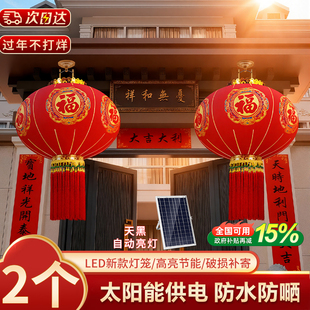 灯笼新款2026年免插电太阳能大红灯笼挂大门口一对中国风马年春节