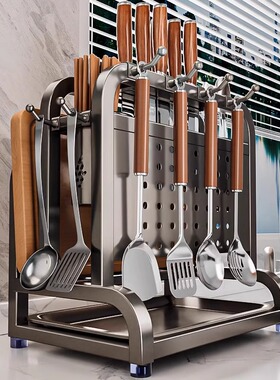 日本新款304不锈钢厨房刀架置物架多功能菜板刀具筷笼一体收纳架