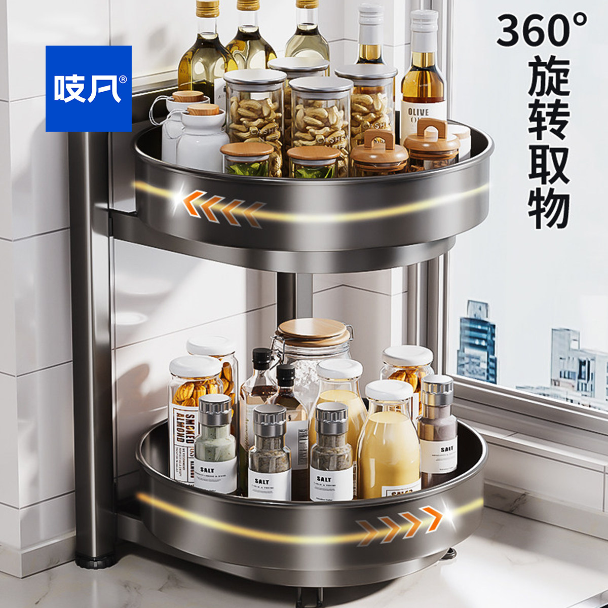 日本厨房调料品置物架家用多功能旋转调料架台面双层调味料收纳架