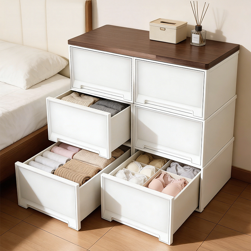 日本抽屉式衣服收纳柜落地多层阳台杂物储物斗柜带木板塑料收纳箱