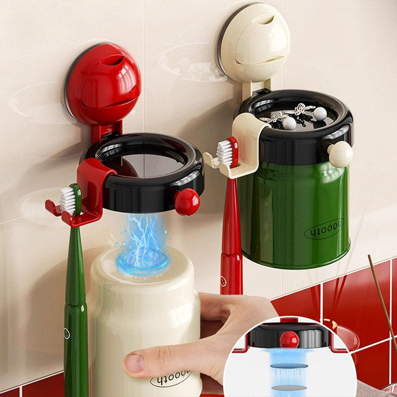 日本吸盘牙刷置物架壁挂式免打孔卫生间磁吸刷牙杯漱口杯挂架可爱