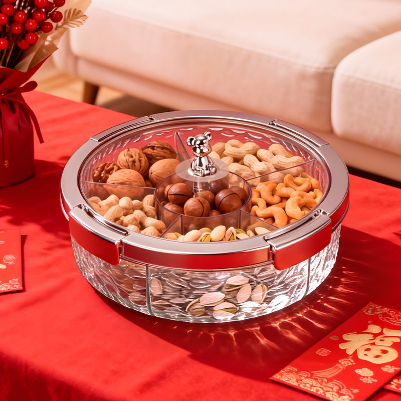 日本新年高档干果盘家用客厅茶几多格分格坚果零食水果盘带盖防尘