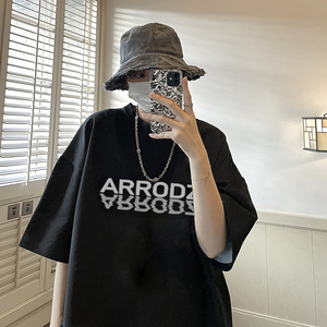 美式设计感模糊倒影字母印花休闲短袖T恤男女 814-1-T042-P28图片