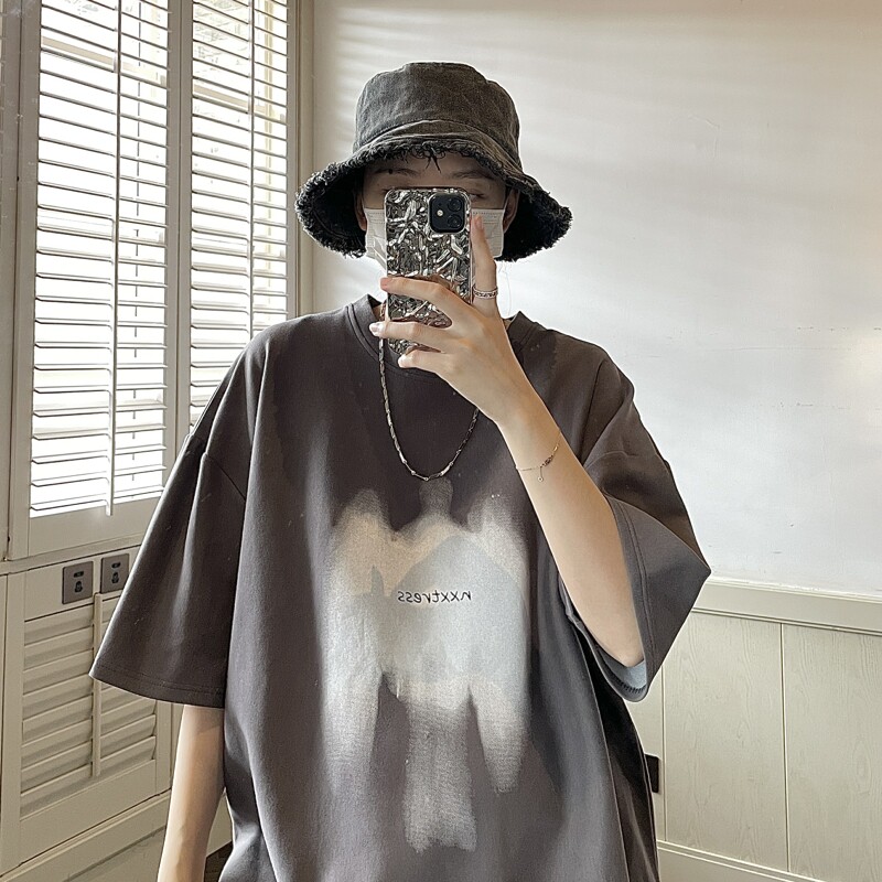 设计感涂鸦印花短袖男夏季美式高街ins潮牌重磅T恤百搭小众五分袖,男装T恤,星座814-1
