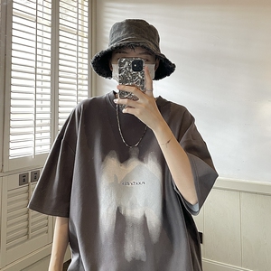 设计感涂鸦印花短袖男夏季美式高街ins潮牌重磅T恤百搭小众五分袖图片