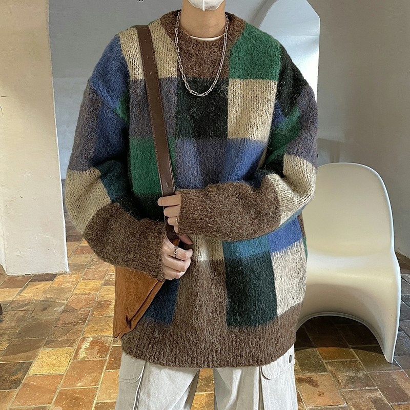 格子棋盘格刷毛毛衣针织衫814-1-M777-P7898（100聚酯纤维），男装针织衫/毛衣，星座814-1