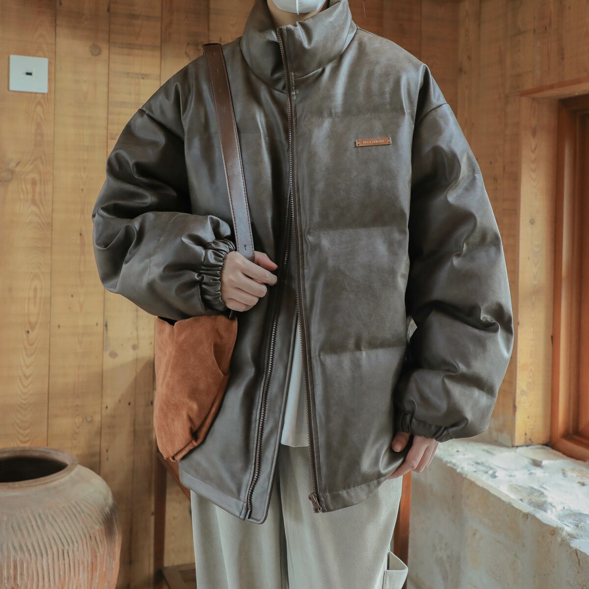 814-1-MF22-P158188水洗做旧PU皮棉服（100聚酯纤维）,男装棉衣,星座814-1