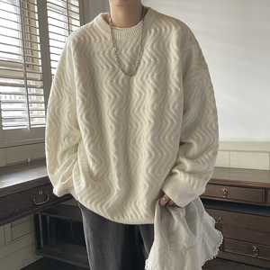 卡其色波浪纹毛衣男士春秋季新款情侣高级感宽松潮牌打底针织线衫图片