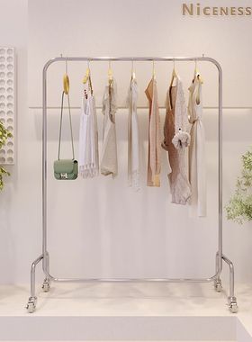 服装店展示架陈列道具不锈钢落地式带轮女装店专用货架中岛挂衣架