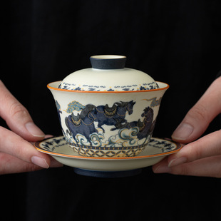 马到成功岩矿白三才盖碗家用小号一人茶杯陶瓷复古功夫茶具泡茶器