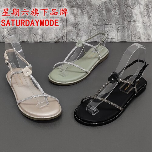 SATURDAYMODE撤柜断码处理夏季时尚露趾水钻平底夹趾罗马凉鞋女潮
