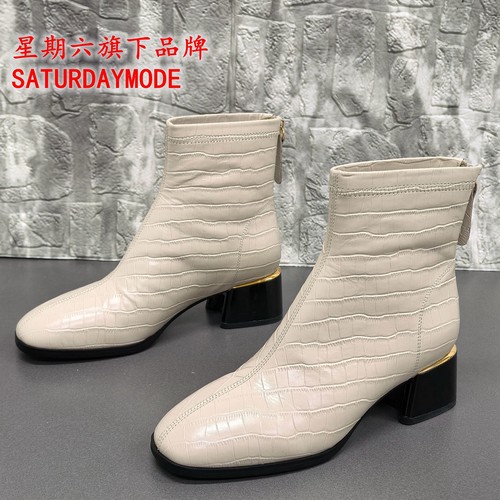 35码SATURDAYMODE正品撤柜真皮鳄鱼纹短靴女粗跟尖头时装靴百搭潮