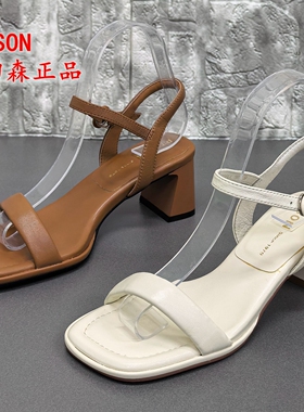 PT'SON百田森正品撤柜夏季露趾粗跟羊皮一字带凉鞋女时尚百搭舒适