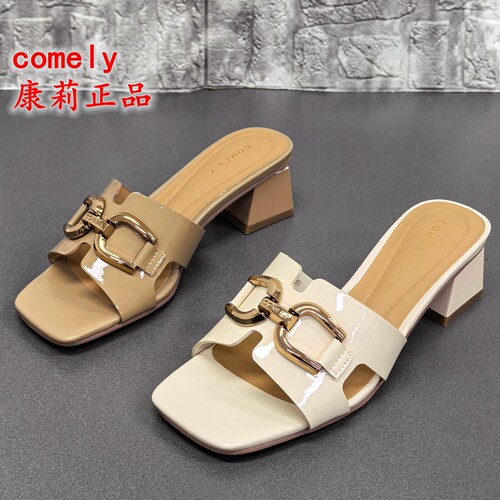 comely康莉正品撤柜夏季时尚露趾粗跟一字拖女金属扣方跟女凉拖鞋