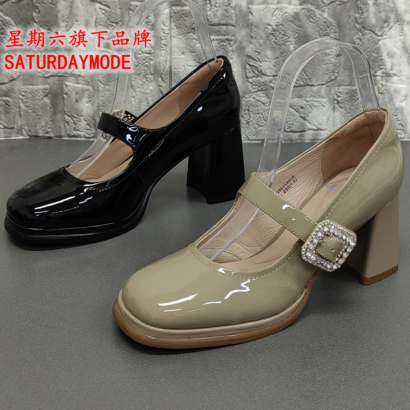 SATURDAYMODE正品断码处理春季方头水钻粗高跟真皮玛丽珍女单鞋潮