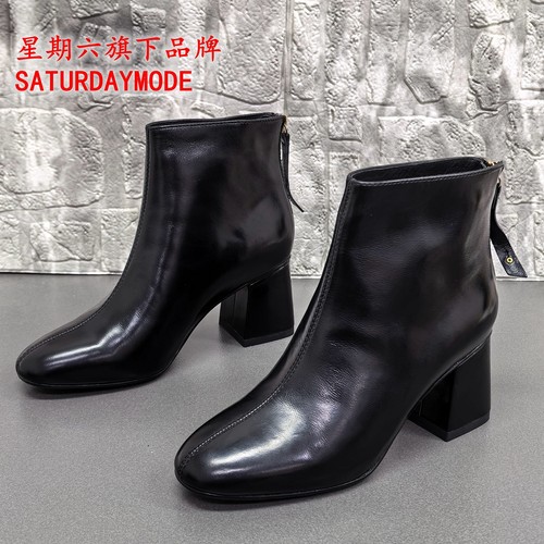 34码SATURDAYMODE正品撤柜欧美风方头粗跟短靴女黑色真皮时装靴女