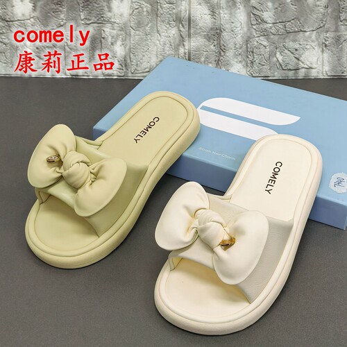 comely康莉正品撤柜夏季羊皮蝴蝶结一字拖女平底露趾休闲凉拖鞋女