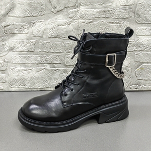 撤柜断码处理真皮女鞋冬季圆头时尚英伦风百搭侧拉链加绒马丁靴女