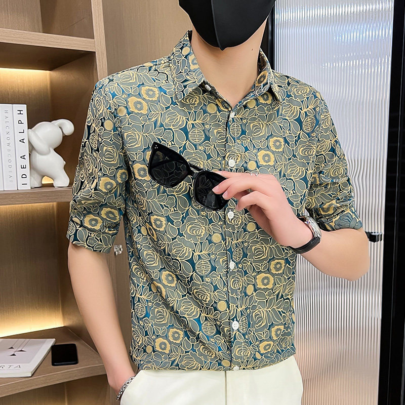 306B-2-CS532-P48 夏季男士冰丝七分袖衬衣碎花中袖衬衫图片