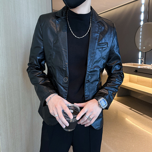 306B-2-PY05-P80 2025秋装男士西装纯色时尚休闲皮衣西服外套图片