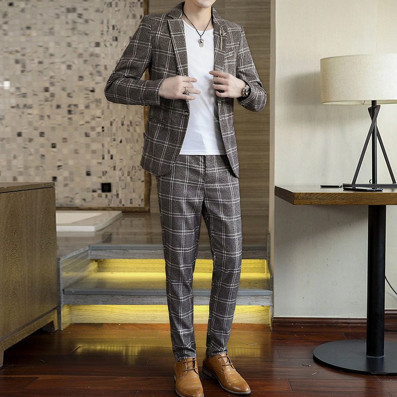 306B-2-T807-P1252025秋装时尚格纹青年休闲百搭西服西裤两件套,男装西服,星座507A（原星座306B-2）