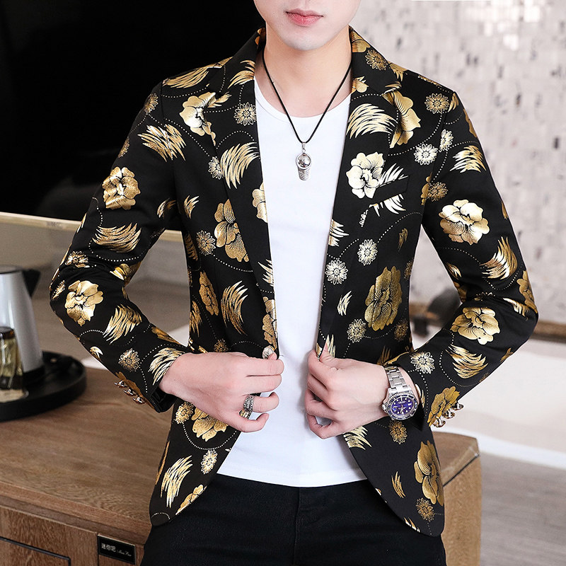 306B-2-XF69-P75 2025秋装男士碎花烫金小西装长袖西服个性外套图片