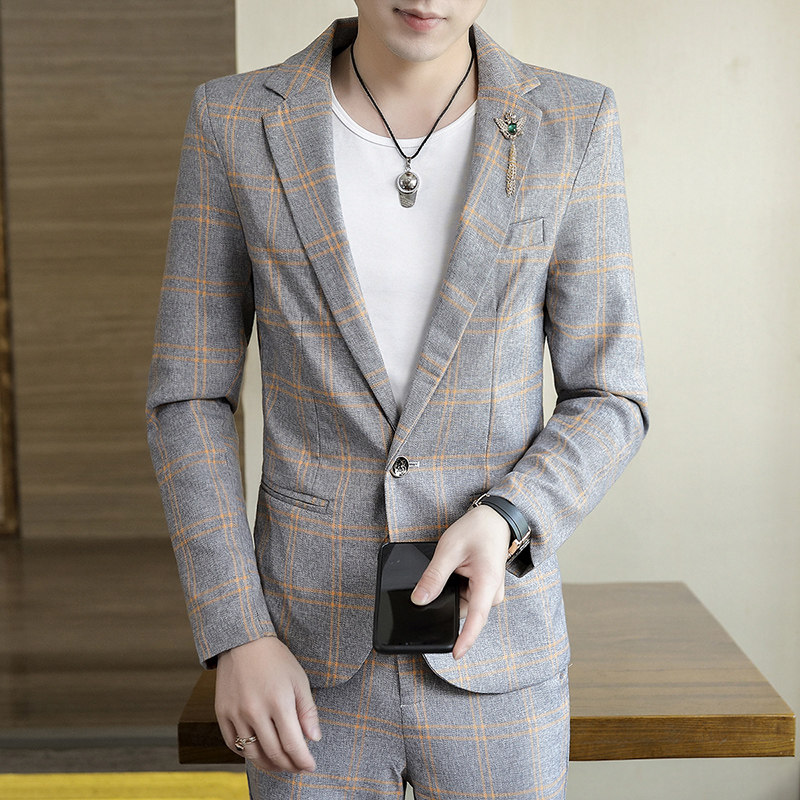 306B-2-T807-P125 2025秋装时尚格纹青年休闲百搭西服西裤两件套图片