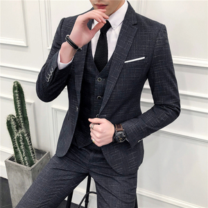 306B-2-T668-P220 2021春季时尚男士大码格纹西服三件套装礼服图片
