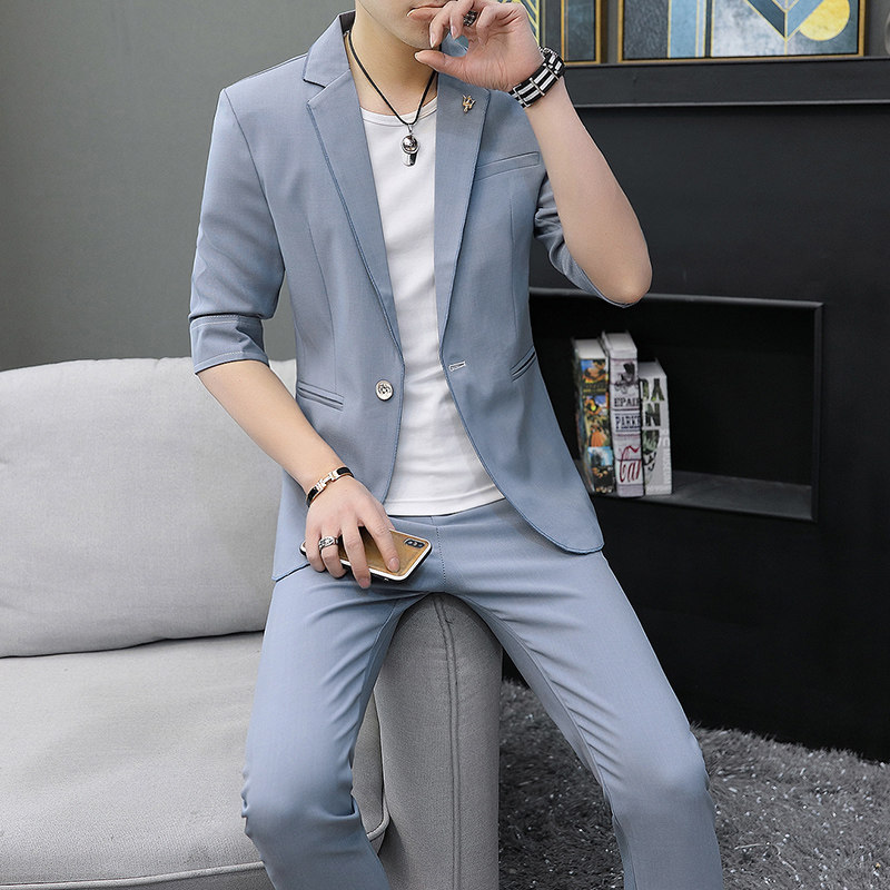 306B-2-LJT936-P1202021夏季纯色西服两件套装七分袖中袖西装,男装西服套装,星座507A（原星座306B-2）