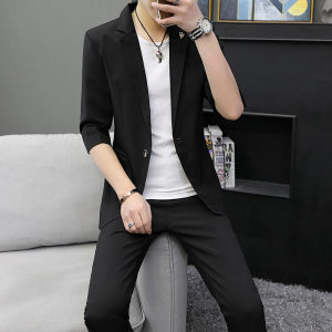 306B-2-LJT936-P120 2021夏季纯色西服两件套装七分袖中袖西装图片