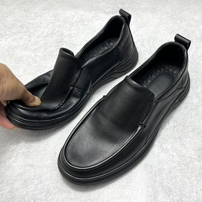 皮鞋男款真皮商务休闲软皮软底舒适上班通勤全黑公务一脚蹬男鞋子