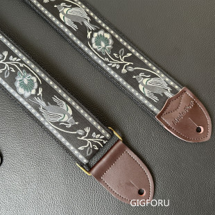 GIGFORU手作飞鸟绣花黑白简洁设计通用吉他背带贝斯背带真皮皮头