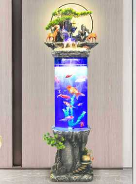 新中式轻奢流水生财金鱼缸摆件客厅落地圆柱形金鱼缸景喷泉加湿器