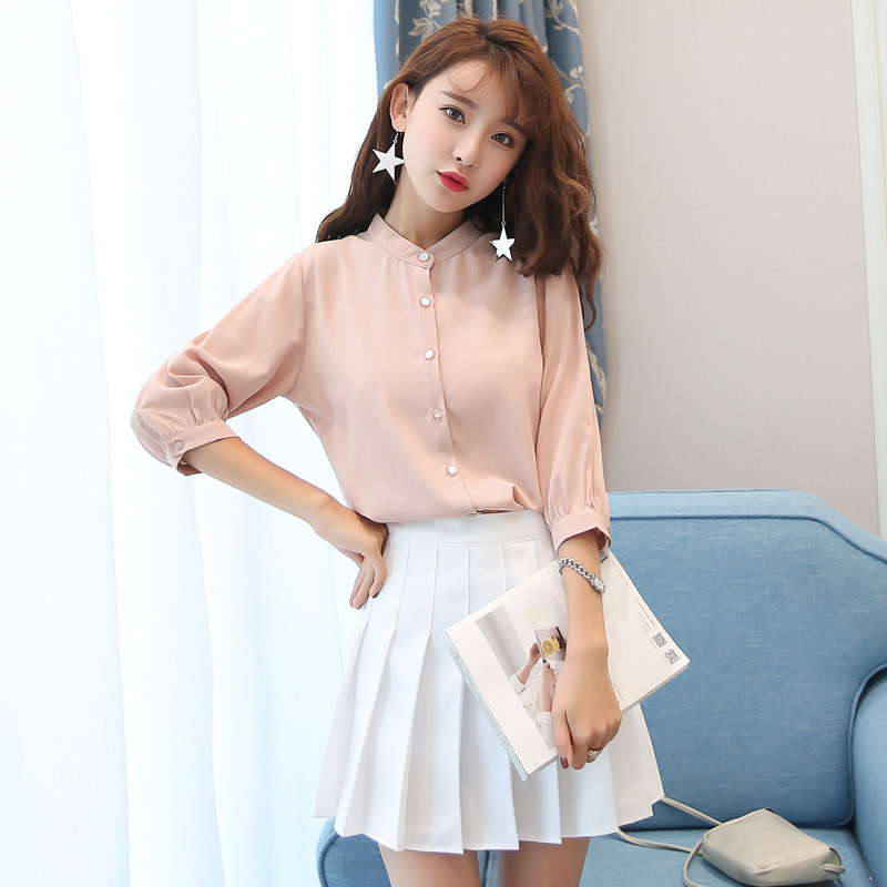 2020夏新款韩范气质衬衣女百搭上衣七分袖宽松棉纺衬衫甜美学院风