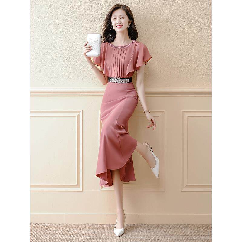 시폰 기질 드레스 여성 여름 2024 새로운 고품질 허리 슬리밍 유명 인사를위한 프랑스어 얇은 롱 스커트