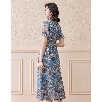 V-NECK FLORAL DRESS 2024 NEW TEMPERAMENT CELEBRITY FRENCH WAIST CINCHING THIN CHIFFON MIDI SKIRT WOMENS SUMMER