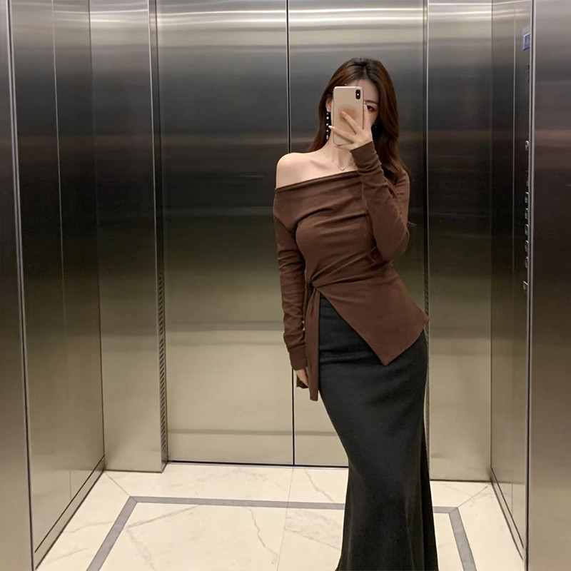 美式炸街绑带一字肩内搭长袖T恤女装2026春季打底衫开叉收腰上衣,女装/女士精品,T恤,淘宝优惠券,粉丝福利购,淘宝优惠卷