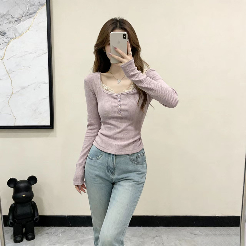 法式气质方领蕾丝拼接内搭长袖T恤女装2026春季修身显瘦打底上衣,女装/女士精品,T恤,淘宝优惠券,粉丝福利购,淘宝优惠卷