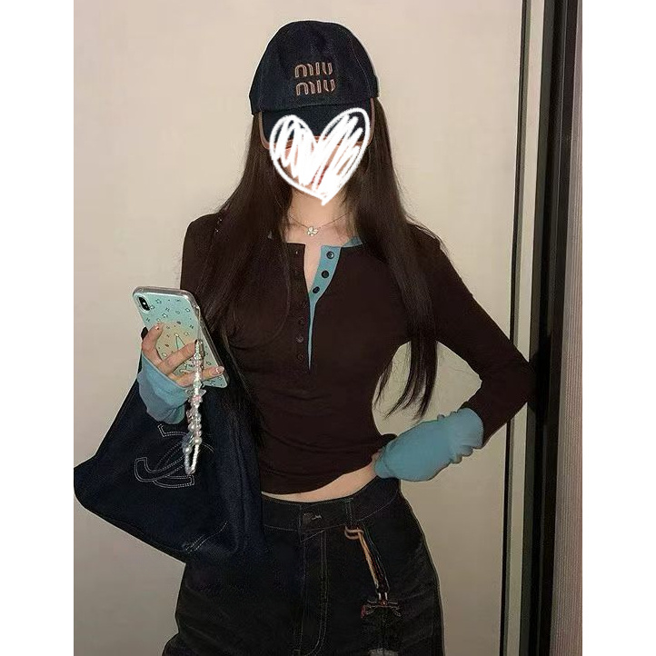 纯欲高级感假两件撞色半开领T恤