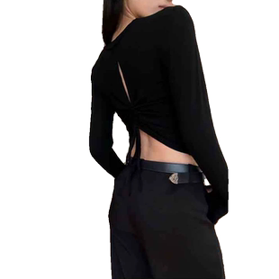 长袖t恤女2025秋装露背辣妹短款抽绳上衣修身显瘦冬季万能打底衫