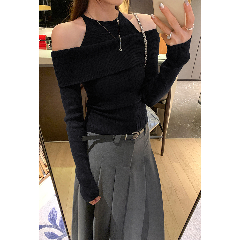 韩系辣妹假两件黑色半高领针织衫