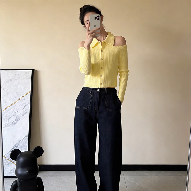 纯欲风设计露肩长袖针织衫女2026春季新款翻领单排扣修身显瘦上衣,女装/女士精品,毛针织衫,淘宝优惠券,粉丝福利购,淘宝优惠卷