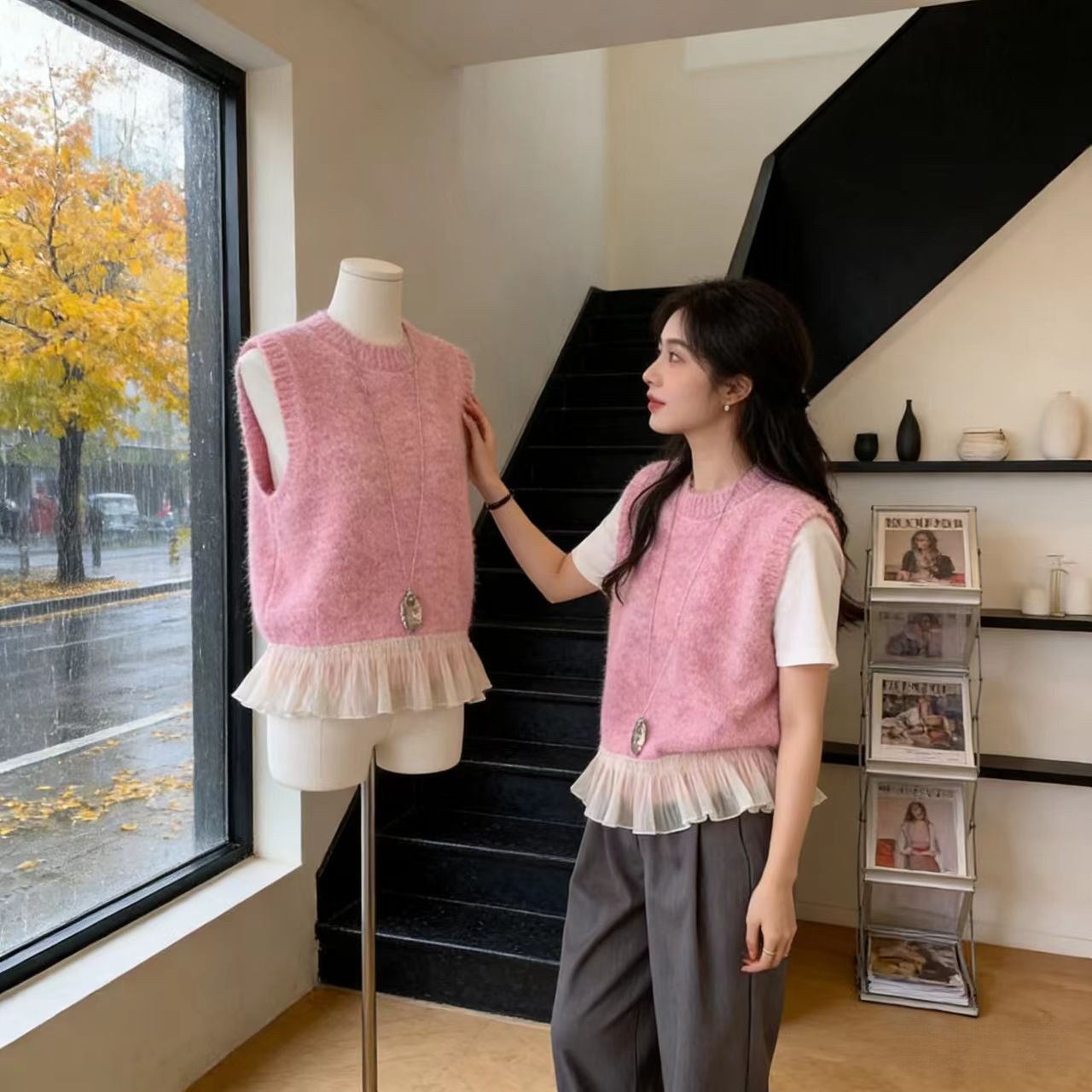 纯欲风荷叶边拼接圆领针织马甲背心女装2026春季毛衣叠穿无袖上衣,女装/女士精品,毛针织衫,淘宝优惠券,粉丝福利购,淘宝优惠卷