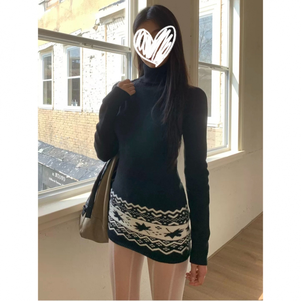 复古提花高领百搭打底长袖连衣裙