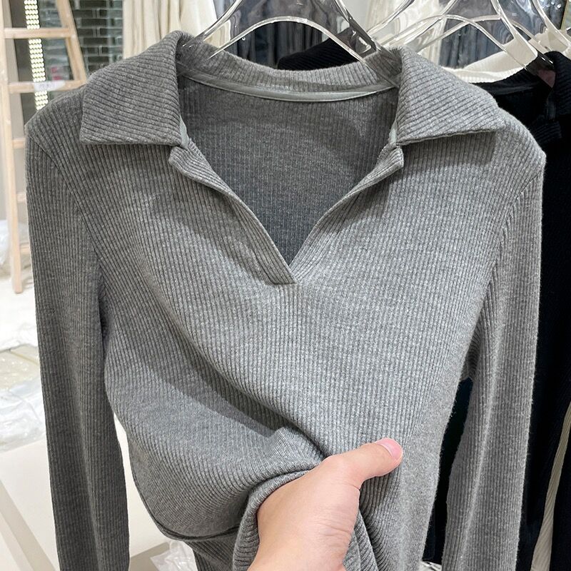 高端欧货翻领针织打底衫女