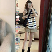 夏季 女宽松小众别致独特设计感上衣2024新款 正肩条纹t恤短袖 美式